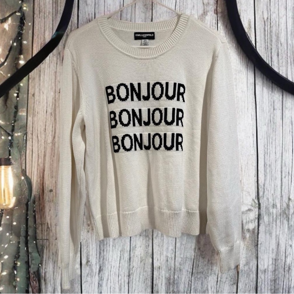 KARL LAGERFELD Black & White Bonjour Pullover Sweater Crewneck Cotton 93% EUC M - Picture 3 of 16
